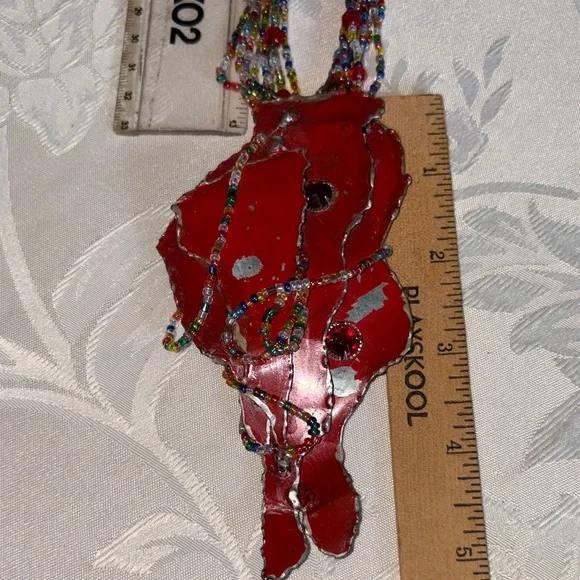 Handcrafted used multicolor Beaded Necklace w/lg. red metal hang dec. 8 strands - Picture 4 of 10